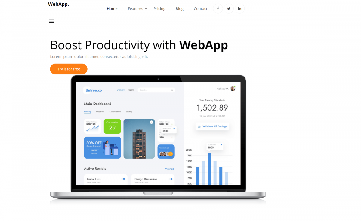 醒目的设计外观干净简洁免费响应式引导Bootstrap 4 应用程序APP推广登陆落地页页面模板自适应HTML5网站模板免费下载
