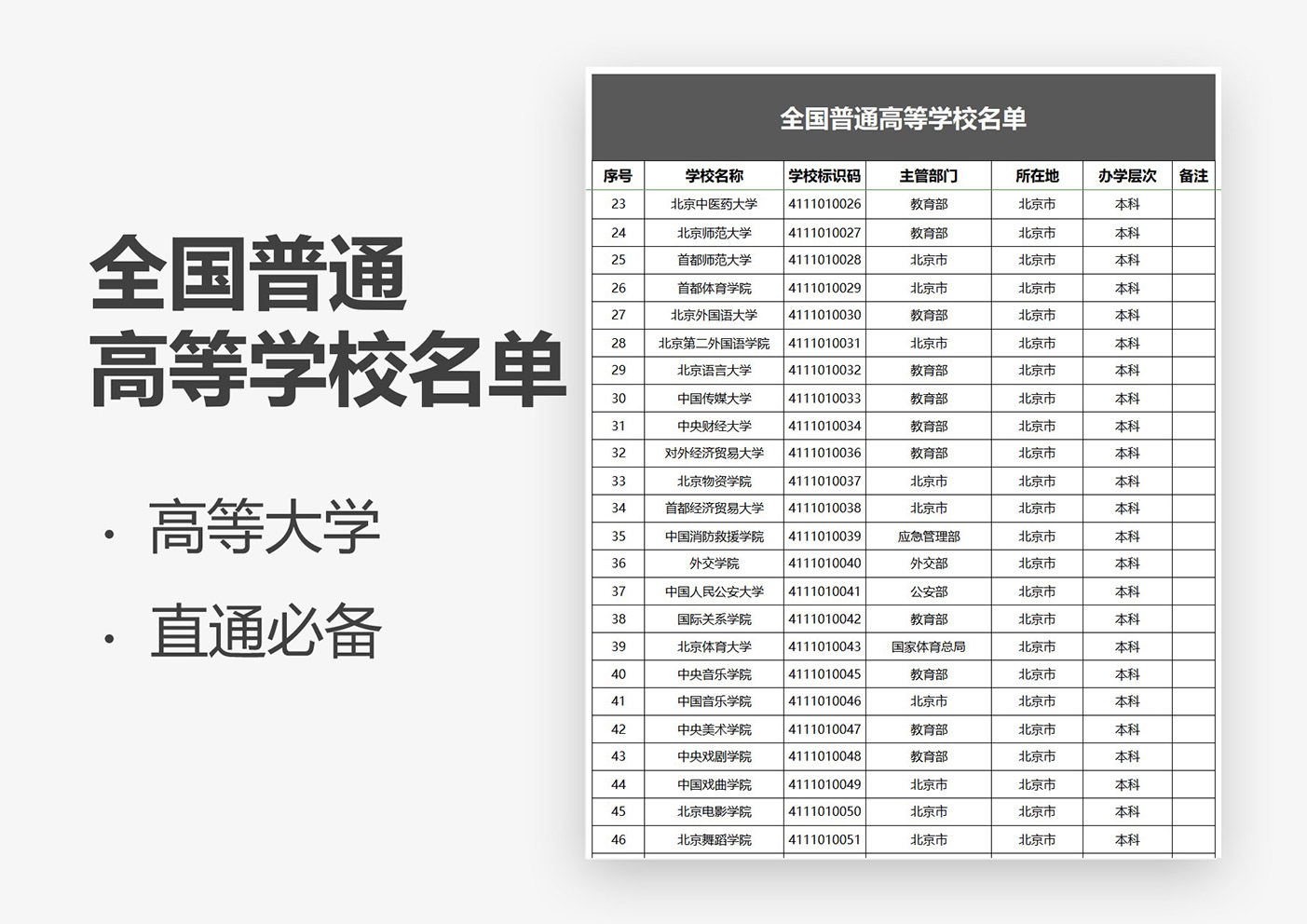 全国普通高等学校名单Excle表格样本模板免费下载