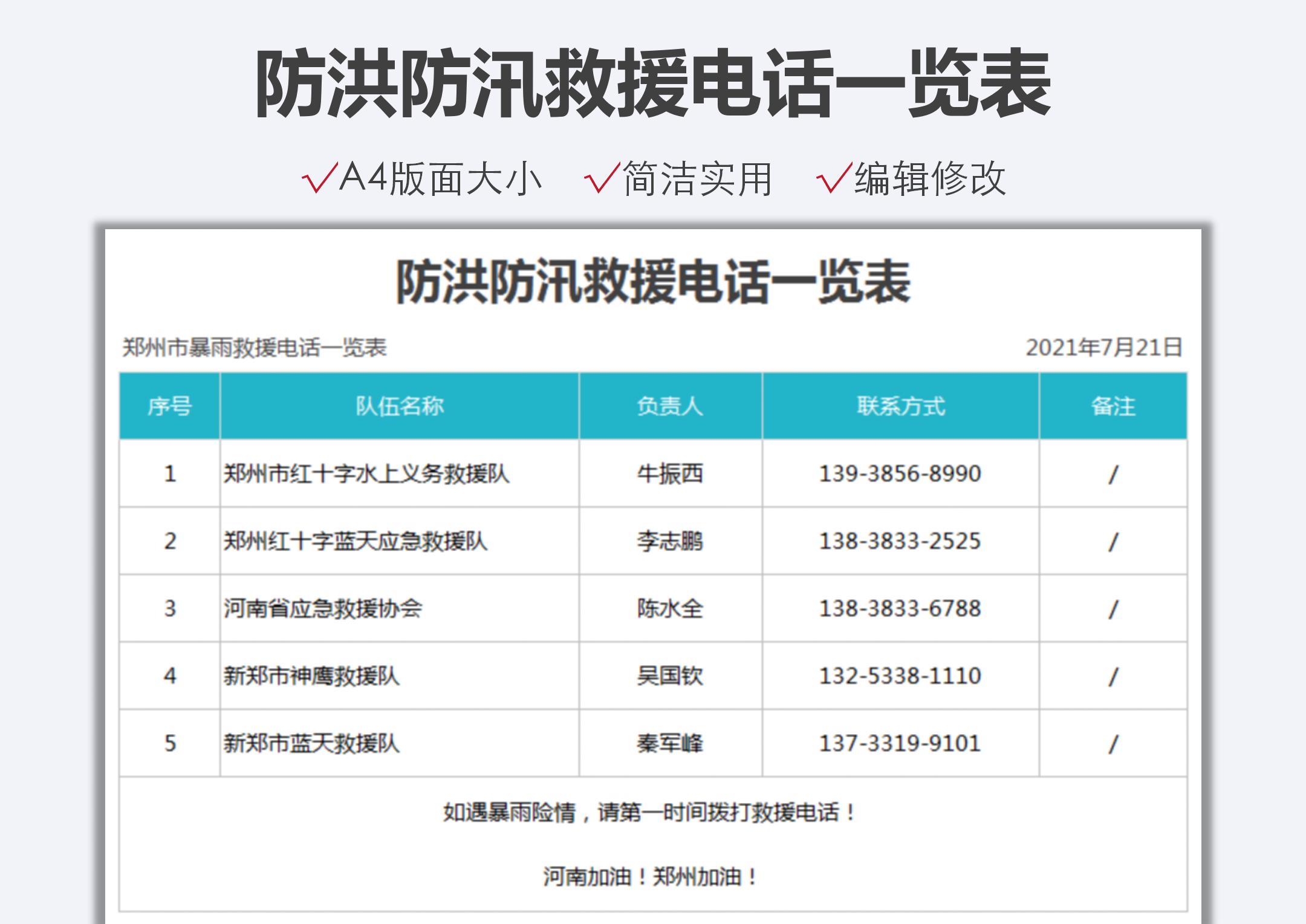防洪防汛救援电话一览表Excle表格样本模板免费下载